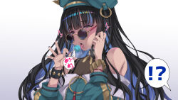 Rule 34 | !?, 1girl, black hair, blue-tinted eyewear, candy, colored inner hair, commentary request, commission, enno rei (masochist high), eyeliner, fate/grand order, fate (series), food, green hat, green jacket, hat, highres, jacket, licking, lollipop, looking at viewer, looking over eyewear, makeup, multicolored hair, round eyewear, saliva, sexually suggestive, skeb commission, solo, sunglasses, tenochtitlan (fate), tenochtitlan (second ascension) (fate), tinted eyewear, tongue, tongue out, translated, white background