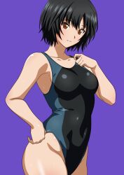 Rule 34 | 1girl, absurdres, amagami, black hair, black one-piece swimsuit, blue one-piece swimsuit, breasts, brown eyes, collarbone, competition swimsuit, covered navel, hair between eyes, highleg, highleg swimsuit, highres, looking at viewer, nanasaki ai, one-piece swimsuit, purple background, short hair, simple background, smile, solo, swimsuit, two-tone swimsuit, yuuyuu (3jjbn)
