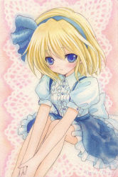 Rule 34 | 1girl, alice margatroid, alice margatroid (pc-98), blonde hair, blue eyes, blush, bow, buttons, dress shirt, female focus, frills, hair ribbon, lace, legs up, light smile, looking at viewer, millipen (medium), mystic square, own hands together, painting (medium), pastel (medium), pink background, puffy sleeves, ribbon, shirt, short hair, short sleeves, sitting, skirt, solo, tetrak, touhou, touhou (pc-98), traditional media, watercolor (medium)