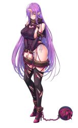 Rule 34 | 1girl, ball and chain restraint, bdsm, blush, bondage, bound, breasts, chain, curvy, demon girl, embarrassed, female focus, highres, horns, huge breasts, lilith-soft, long hair, looking at viewer, nimie, nipples, no bra, pointy ears, purple hair, saijou satoru, shiny skin, simple background, single horn, solo, sweat, sweater, taimanin (series), taimanin asagi, taimanin asagi kessen arena, thighs, thong, white background