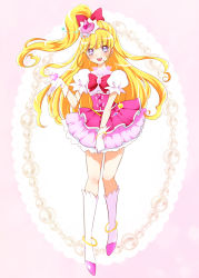 Rule 34 | 1girl, :d, asahina mirai, blonde hair, blush, boots, bow, brooch, cure miracle, full body, gem, gloves, hair bow, half updo, hat, jewelry, kagami chihiro, knee boots, long hair, looking at viewer, magical girl, mahou girls precure!, mini hat, mini witch hat, open mouth, pink hat, pink skirt, ponytail, precure, puffy sleeves, purple eyes, red bow, skirt, smile, solo, standing, white footwear, white gloves, witch hat