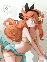 Rule 34 | !, 10s, 1girl, ?, assisted exposure, bad id, bad pixiv id, ball, bare shoulders, blue eyes, bracelet, breasts, clothes lift, clueless, collarbone, cowboy shot, flower, from side, front-tie top, granblue fantasy, hair flower, hair ornament, hairband, holding, holding ball, jewelry, leaning forward, light smile, long hair, looking back, midriff, navel, off shoulder, orange hair, panties, panty pull, pulling another&#039;s clothes, sara (granblue fantasy), skirt, skirt lift, small breasts, smile, solo, spoken exclamation mark, stomach, underwear, waero, wavy hair, yellow panties