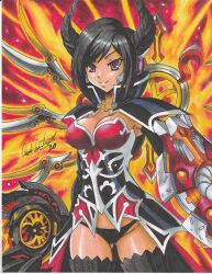 Rule 34 | 1girl, 2020, armor, armored dress, artist name, black hair, black horns, black panties, bloodye (ravernclouk design), breasts, cleavage, closed mouth, eden eternal, female focus, finding neverland online, fire, highres, holding, holding sword, holding weapon, horns, medium breasts, original, panties, ravernclouk design, short hair, smile, solo, sword, thick thighs, thighhighs, thighs, traditional media, underwear, weapon