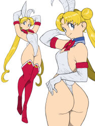 Rule 34 | 1girl, absurdres, alternate costume, animal ears, armpit crease, armpits, arms up, ass, bare shoulders, bishoujo senshi sailor moon, blonde hair, blue eyes, boots, bow, bowtie, breasts, cleavage, detached collar, elbow gloves, fake animal ears, fake tail, female focus, full body, gloves, groin, hand on own face, highleg, highleg leotard, highres, leotard, long hair, looking at viewer, looking back, looking to the side, magical girl, medium breasts, playboy bunny, rabbit tail, red bow, red bowtie, red footwear, simple background, smile, solo, tail, thigh boots, thong, thong leotard, toshinoshin, tsukino usagi, twintails, white background, white gloves