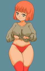 Rule 34 | 1girl, absurdres, bob cut, breasts, bright pupils, cjhomics, closed mouth, clothes lift, commentary, english commentary, green sweater, grey eyes, highres, large breasts, mcdonald&#039;s, mother (yoru mac), medium hair, mother (yoru mac), navel, orange hair, panties, red panties, red thighhighs, smile, solo, sweater, sweater lift, thighhighs, underwear, white pupils, yoru mac