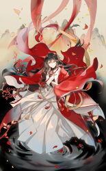 Rule 34 | 1boy, bishounen, black hair, chinese clothes, closed mouth, flower, food fantasy, fre (haochilanzuo), full body, leaf, long hair, long sleeves, looking at viewer, male focus, official art, orange eyes, petals, red flower, smile, solo, wuyi da hong pao (food fantasy), yellow flower