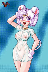 Rule 34 | 1990s (style), 1girl, animal ears, bishoujo senshi sailor moon, bishoujo senshi sailor moon sailor stars, blush, breasts, earmuffs, female focus, gloves, hand on own hip, highres, mouse ears, mouse tail, purple eyes, pussy, retro artstyle, sailor iron mouse, see-through, shirt, smile, solo, tail, twintails, uncensored, vcampan, wet, wet clothes, wet shirt, white hair