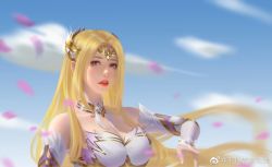 Rule 34 | 1girl, armor, armored dress, bare shoulders, blonde hair, blue eyes, blue sky, douluo dalu, dress, highres, long hair, looking at viewer, petals, pointing, pointing forward, qian renxue (douluo dalu), qian renxue zhuye, sky, solo, upper body, white dress