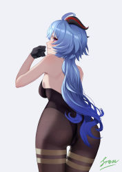 Rule 34 | 1girl, ahoge, ass, backless leotard, backlighting, bare shoulders, blue hair, blush, bodysuit, breasts, brown pantyhose, embarrassed, freze, from behind, frown, ganyu (genshin impact), genshin impact, gloves, highres, horns, large breasts, leotard, long hair, looking at viewer, looking back, pantyhose, red eyes, sideboob, simple background, skin tight, solo, very long hair, white background
