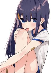 Rule 34 | 1girl, bandaid, bandaid on arm, bandaid on face, bandaid on leg, blue eyes, female focus, gym uniform, hair ornament, hairclip, highres, injury, long hair, looking at viewer, motto notto, original, scrape, simple background, solo, tongue, tongue out, white background