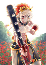 Rule 34 | 1girl, abs, backlighting, bandages, bead bracelet, beads, bracelet, chain, club, club (weapon), dark-skinned female, dark skin, facepaint, field, fire emblem, fire emblem fates, flower, flower field, highres, holding, holding weapon, jewelry, kanabou, looking at viewer, mask, mask on head, muscular, muscular female, navel, nintendo, outdoors, pelvic curtain, red eyes, rinkah (fire emblem), rock, sarashi, smile, solo, soyo2106, spider lily, spiked club, toned, weapon, white hair