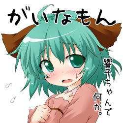 Rule 34 | 1girl, ahoge, animal ears, blush, face, fang, female focus, green eyes, green hair, hands on own chest, kasodani kyouko, matching hair/eyes, natsu no koucha, short hair, solo, text focus, touhou, translation request, white background