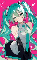 Rule 34 | 1girl, absurdres, aqua eyes, aqua hair, aqua necktie, aqua trim, bare shoulders, blush, breasts, closed mouth, coco irasuto, collared shirt, cowboy shot, detached sleeves, fang, grey shirt, hair between eyes, hatsune miku, heart, highres, lace, lace-trimmed shirt, lace trim, leaning forward, long hair, looking at viewer, medium breasts, microphone, miniskirt, necktie, pink background, pleated skirt, shirt, simple background, skin fang, skirt, small breasts, smile, solo, twintails, v arms, very long hair, vocaloid