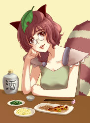 Rule 34 | 1girl, absurdres, animal ears, arm rest, blouse, bottle, bowl, breasts, brown eyes, brown hair, cheese, chopsticks, cleavage, dango, female focus, food, futatsuiwa mamizou, glasses, head rest, head tilt, highres, large breasts, leaf, leaf on head, lettuce, lips, looking at viewer, object on head, oujiouji, parted lips, pince-nez, plate, pov across table, raccoon ears, raccoon girl, raccoon tail, shirt, short hair, skewer, solo, swiss cheese, table, tail, touhou, wagashi, yellow background