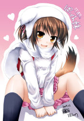 Rule 34 | 1girl, :d, animal hat, backpack, bag, blue socks, blush, brown eyes, brown hair, cape, dated, dog hat, dog tail, fujisaka lyric, hair ribbon, hat, heart, kneehighs, long sleeves, looking at viewer, open mouth, original, panties, panty peek, pink background, pink ribbon, pink skirt, pleated skirt, randoseru, ribbon, shirt, signature, sitting, skirt, smile, socks, solo, spread legs, tail, translated, two side up, underwear, v arms, white cape, white hat, white panties, white shirt