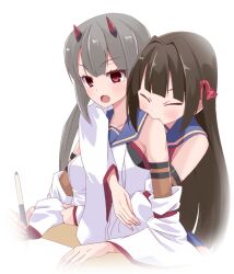 Rule 34 | 2girls, arms on table, assault lily, bare shoulders, biting, biting shoulder, blue sailor collar, blunt bangs, blush, breasts, brown hair, closed eyes, collarbone, detached sleeves, fang, fingernails, fujita asagao, grey hair, gumoyu, hair intakes, hair ribbon, head on another&#039;s shoulder, highres, holding, holding pen, horns, hug, hug from behind, kozue west, layered sleeves, long hair, long sleeves, looking ahead, low twintails, mechanical horns, medium breasts, multiple girls, odaiba girls high school uniform, open mouth, paper, pen, red eyes, red horns, red ribbon, ribbon, sailor collar, school uniform, serafuku, shirt, simple background, sleeveless, sleeveless shirt, table, twintails, upper body, v-shaped eyebrows, very long hair, white background, white shirt, wide sleeves, yuri