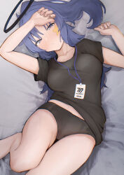 Rule 34 | 1girl, absurdres, alternate costume, bare legs, black panties, blue archive, halo, hand on own face, highres, id card, looking at viewer, lying, mashiro latte (msrn39), panties, purple eyes, purple hair, solo, star (symbol), underwear, yuuka (blue archive), yuuka (track) (blue archive)