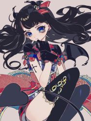 Rule 34 | 1girl, ao (ao0 0nemu), bad id, bad twitter id, black gloves, black hair, blue eyes, blush, commentary, cross, demon tail, demon wings, dress, ear piercing, earrings, eyeliner, fang, feet out of frame, frilled dress, frills, gloves, hair ribbon, hairband, highres, jewelry, kurosu aroma, long hair, looking at viewer, makeup, parted lips, piercing, pretty series, pripara, red dress, red ribbon, ribbon, short sleeves, simple background, single earring, sitting, smile, solo, tail, thighhighs, thighs, wings