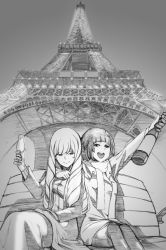 Rule 34 | 2girls, alcohol, arm around shoulder, arm up, black hair, bottle, coat, cup, drill hair, drinking glass, eiffel tower, greyscale, long hair, monochrome, multiple girls, open mouth, original, pantyhose, scarf, short hair, sketch, skirt, smile, un4lord, wine, wine glass