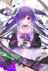 Rule 34 | 1girl, black choker, camera, choker, cowboy shot, expressionless, flower, hair flower, hair ornament, hair over one eye, highres, holding, holding camera, looking at viewer, memory (monster strike), monster strike, naruse nanase, photo (object), purple ribbon, ribbon, solo, two side up