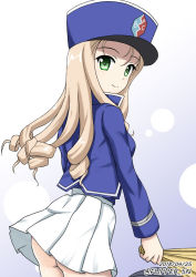 Rule 34 | 10s, 1girl, bc freedom (emblem), bc freedom military uniform, blonde hair, blue background, blue hat, blue jacket, circle, closed mouth, commentary, cowboy shot, dated, drill hair, emblem, flipper, folding fan, from side, girls und panzer, gradient background, green eyes, hand fan, hat, holding, jacket, long hair, long sleeves, looking at viewer, looking back, marie (girls und panzer), military, military hat, military uniform, miniskirt, no panties, one-hour drawing challenge, pleated skirt, shako cap, skirt, smile, solo, standing, twitter username, uniform, white skirt