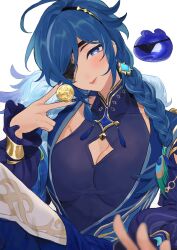 Rule 34 | 1girl, alternate costume, blue eyes, blue hair, blue nails, blush, bracelet, braid, braided ponytail, breasts, cleavage cutout, closed mouth, clothing cutout, commentary request, dark-skinned female, dark skin, earrings, eyepatch, feather boa, frilled sleeves, frills, genderswap, genderswap (mtf), genshin impact, highres, jewelry, kaeya (genshin impact), large breasts, long sleeves, looking at viewer, mora (genshin impact), naughty face, one eye covered, seelie (genshin impact), simple background, smile, solo, tabibitowayo, tassel, tongue, tongue out, white background