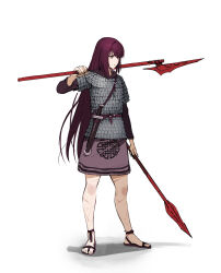 Rule 34 | 1girl, alternate costume, armor, celtic, fate/grand order, fate (series), full body, highres, jason kim, long hair, polearm, red eyes, red hair, sandals, scar, scathach (fate), simple background, solo, spear, toeless footwear, tunic, weapon, white background