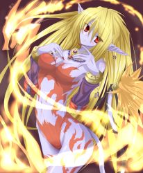 Rule 34 | 1girl, bad id, bad pixiv id, blonde hair, blue skin, blush, bodypaint, breath of fire, breath of fire ii, colored skin, fire, jewelry, pointy ears, red eyes, rinpoo chuan, sato toshiya, solo, tail