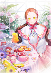 Rule 34 | 1girl, absurdres, blouse, bow, brown hair, cake, cake slice, character request, closed mouth, copyright request, cover, cover page, cup, dress, drinking glass, egg tart, flower, food, frills, fruit, green eyes, hair flower, hair ornament, heart, heart necklace, highres, jewelry, juice, korean commentary, low twintails, necklace, novel cover, on (onon2659), on chair, orange (fruit), orange juice, orange slice, petals, pie, pie slice, plate, ribbon, rose, shirt, sitting, smile, solo, strawberry, textless version, twintails, wavy hair, white shirt