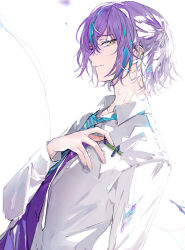 Rule 34 | 1boy, aged down, aqua hair, breast pocket, collared shirt, commentary request, kamishiro rui, kamiyama high school uniform (project sekai), long sleeves, looking at viewer, male focus, necktie, notebook, parted lips, partial commentary, pocket, project sekai, purple hair, school uniform, shirt, short hair, sideways glance, solo, suou (sdurorhr), upper body, white shirt, yellow eyes
