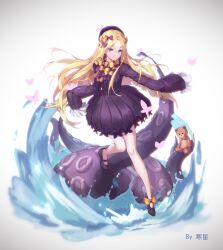 Rule 34 | 1girl, abigail williams (fate), black bow, black dress, black footwear, black headwear, blonde hair, blue eyes, bow, bug, butterfly, dress, fate/grand order, fate (series), full body, hair bow, hanxing, highres, insect, long hair, mary janes, multiple hair bows, orange bow, parted bangs, shoes, sleeves past fingers, sleeves past wrists, solo, stuffed animal, stuffed toy, suction cups, teddy bear, tentacles, water