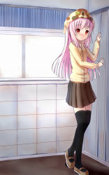 Rule 34 | 1girl, animification, bandana, black thighhighs, blush, cardigan, corner, female focus, hat, highres, long hair, mary janes, moe (phrase), parafox, personification, pink hair, pleated skirt, red eyes, scp-173, scp foundation, shoes, skirt, solo, thighhighs, zettai ryouiki