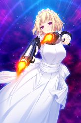 Rule 34 | 1girl, apron, blonde hair, breasts, clenched teeth, dual wielding, firing, game cg, grin, gun, handgun, harvest overray, highres, holding, large breasts, looking at viewer, maid, maid apron, maid headdress, malvina coulthard, nironiro, pink eyes, purple eyes, short hair, simple background, smile, solo, standing, teeth, usume shirou, weapon
