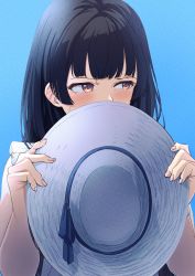 Rule 34 | absurdres, black hair, blue background, blue hat, blue ribbon, blue theme, blush, commentary, covering face, embarrassed, frown, gradient eyes, hair down, hat, hat ribbon, highres, huge filesize, idolmaster, idolmaster shiny colors, kaede (harutan109), long hair, looking away, mayuzumi fuyuko, multicolored eyes, nail polish, ribbon, simple background, sleeveless, solo, sweat, very long hair, wristband