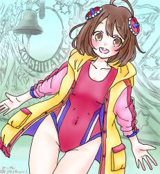 Rule 34 | 1girl, bell, brown hair, koigahama miroku, one-piece swimsuit, red one-piece swimsuit, station memories, swimsuit