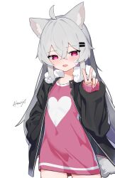 Rule 34 | 1girl, :d, absurdres, akani x, animal ears, black jacket, borrowed character, fang, grey hair, hand in pocket, heart, heart print, highres, jacket, long hair, long sleeves, looking at viewer, no pants, open clothes, open jacket, open mouth, original, pink shirt, purple eyes, rir-chan, shirt, signature, simple background, sleeves past wrists, smile, tail, v, white background, wolf ears, wolf girl, wolf tail
