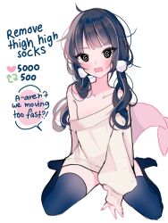 Rule 34 | 1boy, @ @, ahoge, bare shoulders, black eyes, black hair, black thighhighs, blunt bangs, blush, collarbone, crossdressing, english text, fang, fins, fish tail, full body, hair ornament, highres, indie virtual youtuber, like and retweet, long hair, long sleeves, looking at viewer, low twintails, male focus, meme, moenaomii (artist), no shoes, open mouth, pom pom (clothes), pom pom hair ornament, ribbed sweater, shark tail, simple background, single-shoulder sweater, sitting, skin fang, sleeves past wrists, solo, sweater, tail, thighhighs, trap, twintails, twitter strip game (meme), very long hair, virtual youtuber, wariza, wavy mouth, white background