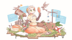 Rule 34 | 1girl, black footwear, black gloves, blunt bangs, book, boots, braid, braided ponytail, brown jacket, chis-a, coat, commentary request, elbow gloves, faux figurine, flower, fly agaric, folded clothes, gears, gloves, gradient skirt, grey hair, hair flower, hair ornament, hand up, highres, holding, holding magnifying glass, holding quill, holographic interface, inkwell, jacket, leaf, long hair, looking at animal, magnifying glass, mechanical bird, mobile, multicolored hair, mushroom, non-humanoid robot, on floor, open book, orange hair, orange skirt, overgrown, plant, potted plant, puffy short sleeves, puffy sleeves, quill, robot, robot animal, short sleeves, simple background, sitting, skirt, solo, streaked hair, t705gp, telescope, test tube, tsuchinoko, unworn coat, voisona, wariza, white background, wooden box, wooden floor, yellow flower