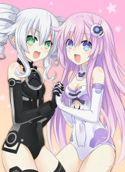 Rule 34 | 2girls, :d, absurdres, bad id, bad pixiv id, bare shoulders, black legwear, black sister, blue eyes, breasts, choujigen game neptune mk2, cleavage, covered navel, cowboy shot, drill hair, elbow gloves, gloves, gradient background, green eyes, hair ornament, highres, holding hands, interlocked fingers, leotard, long hair, looking at viewer, medium breasts, medium hair, multiple girls, nepgear, neptune (series), open mouth, pink hair, power symbol, power symbol-shaped pupils, purple sister, sidelocks, silver hair, smile, star (symbol), starry background, symbol-shaped pupils, thighhighs, twin drills, uni (neptunia), zero (ray 0805)