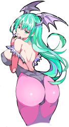 Rule 34 | 1girl, arm under breasts, ass, bat wings, bent over, breast hold, breasts, capcom, come hither, demon girl, duplicate, empe0317, enpe, green hair, half-closed eyes, highres, huge ass, large breasts, legs, leotard, long hair, looking at viewer, looking back, morrigan aensland, parted lips, seductive gaze, seductive smile, sideboob, smile, solo, thick thighs, thighs, thong leotard, vampire (game), wings