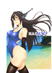 Rule 34 | 1girl, absurdres, beach, black gloves, black hair, black legwear, blue one-piece swimsuit, character name, competition swimsuit, covered navel, elbow gloves, gloves, headgear, highleg, highleg swimsuit, highres, kantai collection, long hair, nagato (kancolle), one-piece swimsuit, pm tii (matuko1024), red eyes, solo, swimsuit