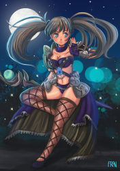 Rule 34 | 1girl, black footwear, blue eyes, blush, breasts, brown hair, cleavage, fingerless gloves, fishnets, floating, full body, full moon, gem, gloves, highres, lanfanarts, leg up, long hair, looking afar, looking to the side, moon, navel, night, night sky, outdoors, shoes, signature, sky, solo, sorcerer (tree of savior), staff, standing, standing on one leg, star (sky), starry sky, tree of savior, twintails, wizard (tree of savior)