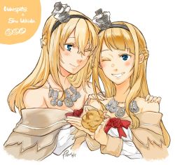 Rule 34 | 2girls, blonde hair, blue eyes, braid, commentary request, cosplay, cream puff, cropped torso, crossover, crown, dress, flower, food, french braid, hairband, holding, holding food, jewelry, kantai collection, long hair, long sleeves, mini crown, multiple girls, necklace, off-shoulder dress, off shoulder, one eye closed, real life, red flower, red ribbon, red rose, ribbon, rose, signature, uchida shuu, voice actor connection, warspite (kancolle), warspite (kancolle) (cosplay), white dress, yamada rei (rou)