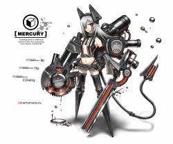 Rule 34 | 1girl, android, armor, blade, circular saw, cyborg, detached sleeves, dripping, dual wielding, female focus, fingerless gloves, full body, gia, gloves, hair ornament, hair over one eye, holding, mecha musume, mercury (element), mercury (gia), navel, original, personification, puddle, red eyes, revealing clothes, saw, short hair, solo, tail, thighhighs, typo, weapon, white hair, zipper