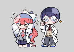 Rule 34 | &gt; &lt;, 1boy, 1girl, adjusting eyewear, arms up, black legwear, black pants, blue footwear, blue skirt, blush stickers, bow, buttons, cardigan, chibi, closed eyes, closed mouth, coke-bottle glasses, commentary, crying, flying teardrops, glasses, grey background, grey cardigan, hair between eyes, hair bow, hair ornament, hair ribbon, hairclip, hand in pocket, kneeling, lab coat, long hair, magnet, nanawo akari, neck ribbon, necktie, official art, open mouth, pants, pink footwear, ponytail, red hair, red neckwear, ribbon, school uniform, shoes, short necktie, sidelocks, simple background, skirt, sleeves past fingers, sleeves past wrists, socks, sou (utaite), sparkle, standing, sweater vest, teeth, terada tera, triangle, turing love, upper teeth only, uwabaki, v-shaped eyebrows, very long hair, white footwear, white ribbon, yellow sweater vest