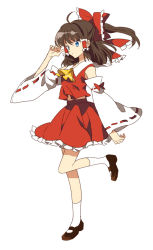 Rule 34 | 1girl, ahoge, ascot, blue eyes, bow, brown hair, detached sleeves, female focus, hair bow, hakurei reimu, japanese clothes, makiko, mary janes, midriff, miko, navel, ponytail, shoes, skirt, solo, standing, touhou