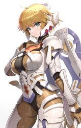 Rule 34 | 1girl, armor, blonde hair, bodysuit, breasts, cleavage, cyborg, fiora (xenoblade), gloves, gold trim, gonzarez, green eyes, hand on own chest, highres, large breasts, looking at viewer, mecha-fiora, mechanical wings, short hair, solo, upper body, white armor, white background, wings, xenoblade chronicles (series), xenoblade chronicles 1