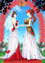 Rule 34 | 2girls, absurdres, arch, bare arms, bare shoulders, black hair, blue sky, blush, bracelet, breasts, bridal veil, brown dress, brown eyes, cloud, commission, couple, day, diadem, dress, earrings, eye contact, facing another, female focus, floral arch, flower, from side, full body, gradient hair, green eyes, grey eyes, grin, hair ornament, hand up, happy, height difference, high ponytail, highres, holding, holding hands, jewelry, large breasts, long dress, long hair, looking at another, lulu-chan92, medium breasts, multicolored clothes, multicolored dress, multicolored hair, multiple girls, outdoors, parted lips, petals, plant, ponytail, pot, potted plant, pyrrha nikos, red dress, red flower, red hair, rose, rose petals, ruby rose, rwby, short hair, sky, sleeveless, sleeveless dress, smile, standing, strapless, strapless dress, teeth, two-tone hair, veil, wedding, wedding dress, white dress, white flower, wife and wife, yuri