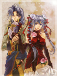 Rule 34 | 1boy, 1girl, arthur (fire emblem: genealogy of the holy war), brother and sister, character name, dress, elbow gloves, fire emblem, fire emblem: genealogy of the holy war, flower, formal, gloves, hetero, holding hands, jewelry, kaito (sawayakasawaday), long hair, low-tied long hair, nintendo, pink flower, pink rose, red dress, rose, siblings, silver hair, tine (fire emblem), twintails, white flower, white rose