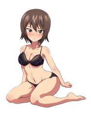 Rule 34 | 10s, 1girl, black bra, black panties, blush, bra, breasts, brown eyes, brown hair, cleavage, full body, girls und panzer, habirisu, highres, leaning to the side, looking at viewer, medium breasts, navel, nishizumi maho, panties, simple background, sitting, solo, underwear, underwear only, white background